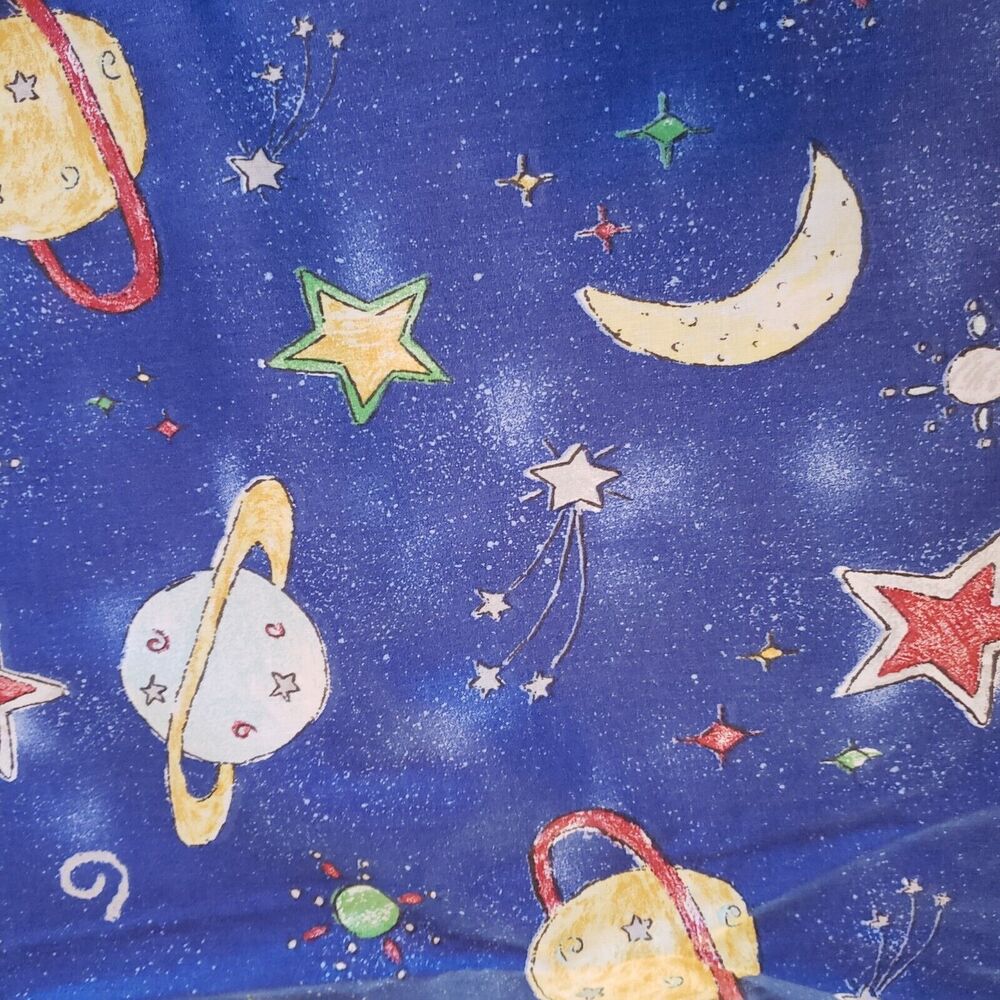 New Vintage Bloomcraft Fabric 3.5 Yards Stars Planets Blue Yellow Child Decor
